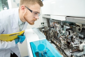 Male professional examining medical equipment