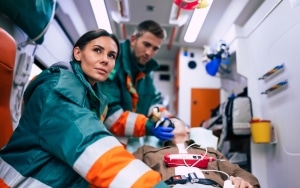 Team of EMS professionals in an ambulance